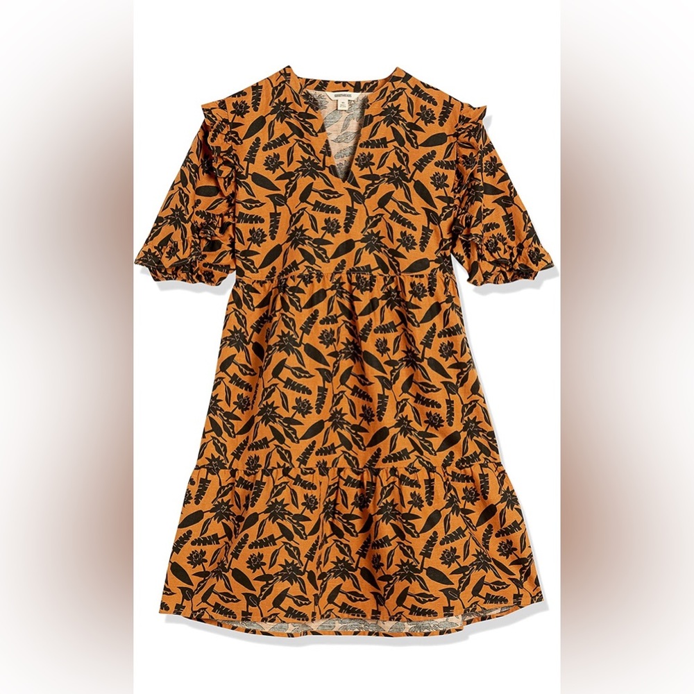 Goodthreads Women's Washed Linen Elbow Sleeve Split Neck Tiered Dress